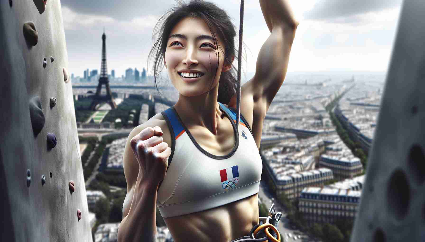 Detailed HD image showcasing a young, ambitious Asian female climber, whose arduous training has culminated in massive success. Her triumphant expression and pose signal her victorious moment at an Olympic-style event, making her nation proud. This breathtaking outdoor scene takes place in a cityscape evocative of Paris, notable landmarks subtly visible in the background. The focus remains firmly on the climber, a portrait of strength, determination, and success against incredible odds, all amidst sweeping views of the dramatic urban skyline.