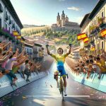 Realistic high-definition photo of an euphoric victory in a prestigious cycling tour happening in the beautiful landscapes of Spain in the year 2024. The winning cyclist, a talented Hispanic male, is enthusiastically crossing the finish line, pumping his fists in the air, while the spectators cheer. Surrounding scenes encapsulate typical Spanish architecture and the vibrant, colorful crowd, with people of various descents and genders in the audience celebrating the pinnacle moment of this thrilling sporting event.