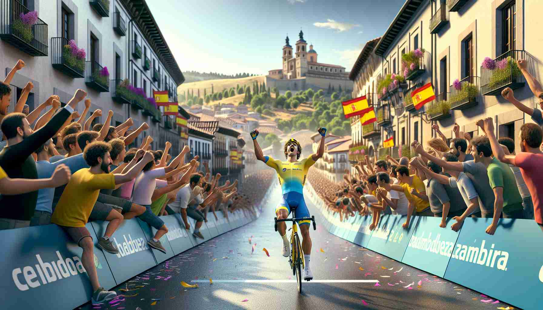 Realistic high-definition photo of an euphoric victory in a prestigious cycling tour happening in the beautiful landscapes of Spain in the year 2024. The winning cyclist, a talented Hispanic male, is enthusiastically crossing the finish line, pumping his fists in the air, while the spectators cheer. Surrounding scenes encapsulate typical Spanish architecture and the vibrant, colorful crowd, with people of various descents and genders in the audience celebrating the pinnacle moment of this thrilling sporting event.