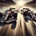 Create a realistic, high definition image of a gripping scene unfolding on a Formula 1 race track. Two high-performance racing cars, embodying the peak of engineering, are locked in a fierce battle for dominance. The vehicles' aerodynamic shapes are accentuated by the intense light reflecting off their metallic bodies and the heat haze rising from the blazing tarmac. Excitement is palpable amidst the roar of powerful engines and the spectators, captured in the periphery, are on their feet, captivated by the high-stakes competition. Dust and tire marks on the track bear testament to grueling laps that have passed.