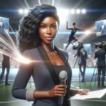 A photorealistic high-definition depiction of a Black female sports journalist who is quickly gaining fame. She's seen in a live broadcast setting: there are several sports monitors behind her and she's holding a microphone in one hand and a script in another. She appears confident and highly focused on her work. Characteristics suggestive of a rising star, such as a light halo above her or radiant light illuminating from her, may be incorporated for effects.