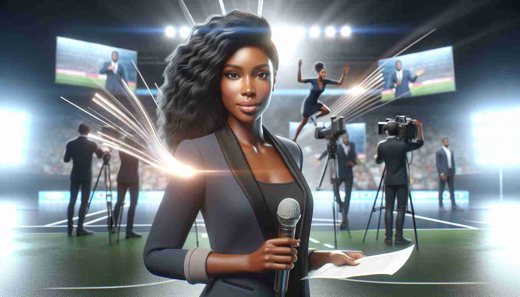 A photorealistic high-definition depiction of a Black female sports journalist who is quickly gaining fame. She's seen in a live broadcast setting: there are several sports monitors behind her and she's holding a microphone in one hand and a script in another. She appears confident and highly focused on her work. Characteristics suggestive of a rising star, such as a light halo above her or radiant light illuminating from her, may be incorporated for effects.