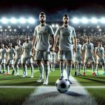 A high-definition, realistic image depicting the kickoff of a thrilling new soccer season. The focus is on a generic professional soccer team, decked out in white and gold uniforms, symbolic of Real Madrid. The team is on the field, ready for the challenge of a Supercup match. Players are teeming with anticipation, their faces expressing both determination and exhilaration against the backdrop of a buzzing stadium, lights shining brightly, and a green field with a match ball at the center. Fans of various genders and descents can be seen in the crowd, their cheering faces blurring into a sea of anticipation.