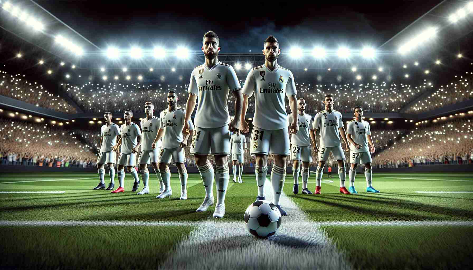 A high-definition, realistic image depicting the kickoff of a thrilling new soccer season. The focus is on a generic professional soccer team, decked out in white and gold uniforms, symbolic of Real Madrid. The team is on the field, ready for the challenge of a Supercup match. Players are teeming with anticipation, their faces expressing both determination and exhilaration against the backdrop of a buzzing stadium, lights shining brightly, and a green field with a match ball at the center. Fans of various genders and descents can be seen in the crowd, their cheering faces blurring into a sea of anticipation.