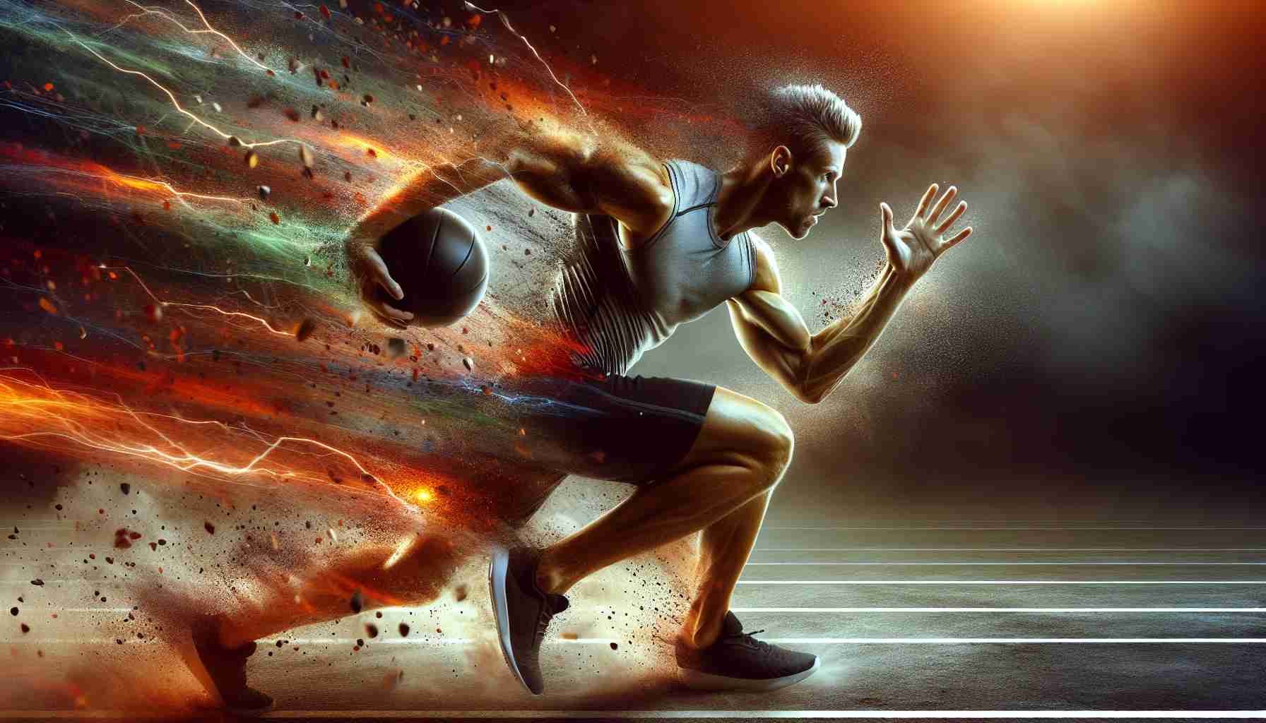 Generate a realistic HD image of an energetic scene where a competitor, perhaps in a sporting event, takes charge to make an impactful breakaway, with intense focus and physical strength on full display.