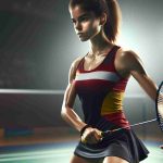 Realistic HD image of a female professional badminton player, endowed with a Spanish descent and intense focus, aiming for victory in an important match. She stands on the court with her racket prepared and determination evident in her physique.