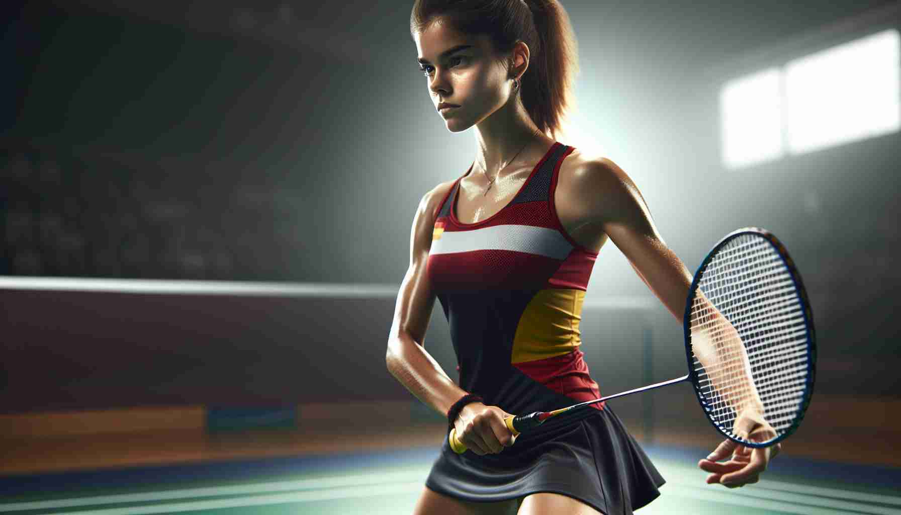 Realistic HD image of a female professional badminton player, endowed with a Spanish descent and intense focus, aiming for victory in an important match. She stands on the court with her racket prepared and determination evident in her physique.