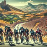 High-resolution image showcasing the thrill of a cycling race taking place in the rugged Spanish countryside. This scene represents the excitement and competitiveness found in events like the Vuelta a España. Can include cyclists of different descents like Hispanic, Caucasian, Middle-Eastern, and South Asian, both male and female, fiercely pedaling on their bicycles, the crowd cheering them on, while the picturesque Spanish landscape unfolds in the background.