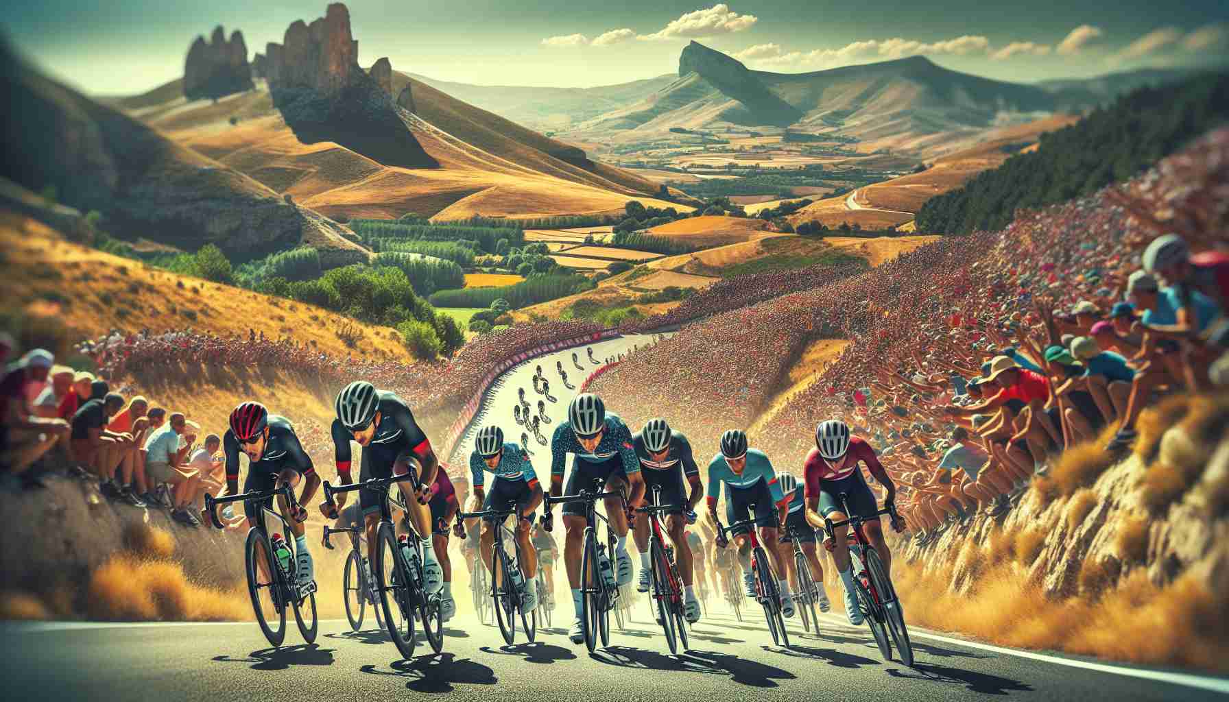 High-resolution image showcasing the thrill of a cycling race taking place in the rugged Spanish countryside. This scene represents the excitement and competitiveness found in events like the Vuelta a España. Can include cyclists of different descents like Hispanic, Caucasian, Middle-Eastern, and South Asian, both male and female, fiercely pedaling on their bicycles, the crowd cheering them on, while the picturesque Spanish landscape unfolds in the background.