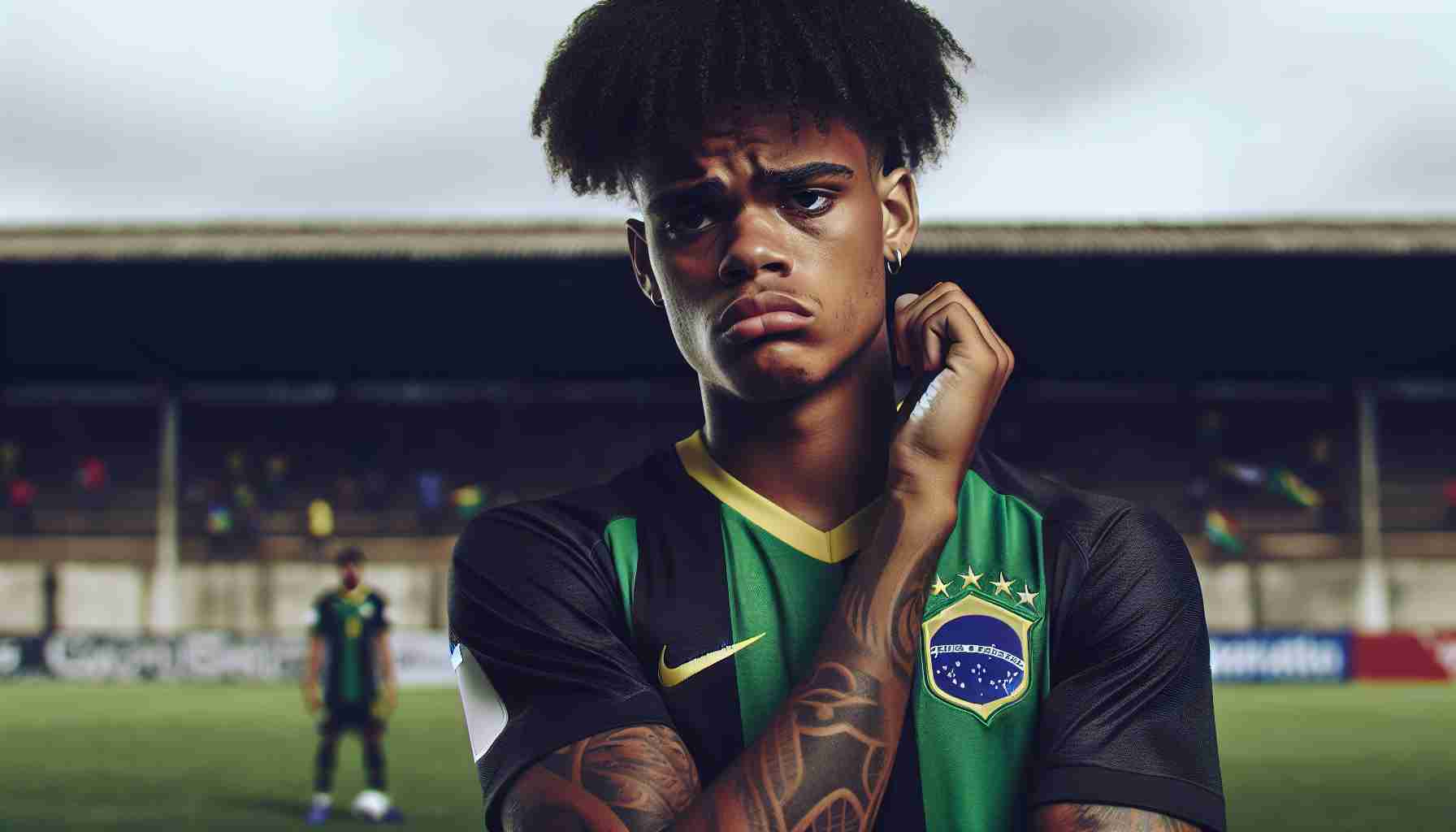 Realistic HD photo of a young athletic Black Brazilian football player expressing disappointment after a challenging game with a team from Paraguay