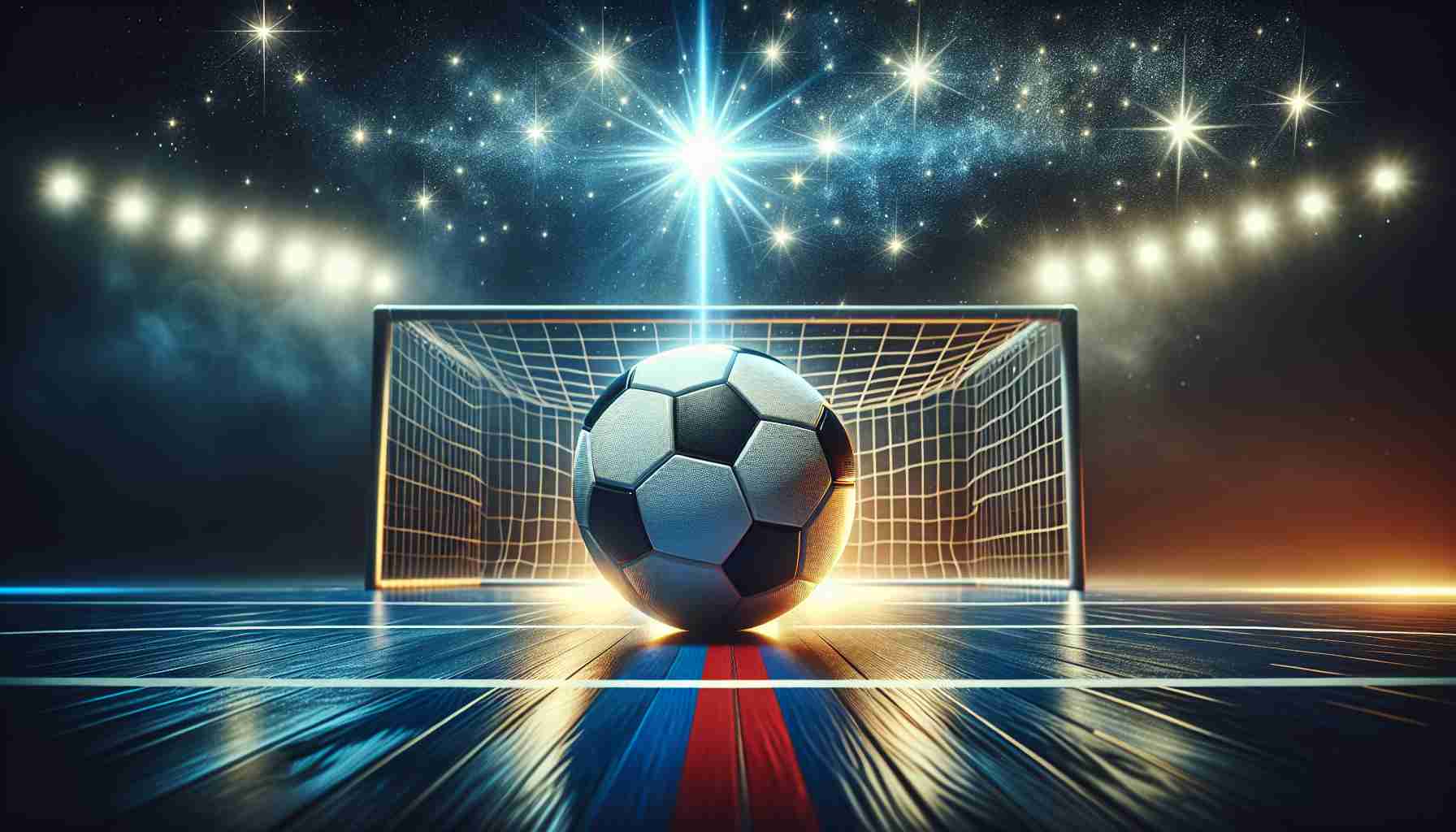 Generate a hyperrealistic HD image that depicts the essence of Futsal. The image should include shining stars in the background symbolizing notable players, their incredible skills and the dynamic nature of the game. Include a soccer ball representative of the Futsal game, specific to its size and design. Also, portray a Futsal specific court framed with lines and goals. Ensure that the lighting in the image is dramatic and emphasizes the glory of this great sport, underlining the metaphor of the 'Stars of Futsal'.