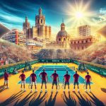 A high-definition photo realistically depicting the start of Spain's journey in the Davis Cup, set in the vibrant city of Valencia. The image should capture the energy and anticipation associated with this thrilling tennis event, including the Spanish team readying themselves to compete. Background should feature the recognizable landmarks of Valencia, such as its unique architecture and sunny skies. Please do not include identifiable individuals in the scene.