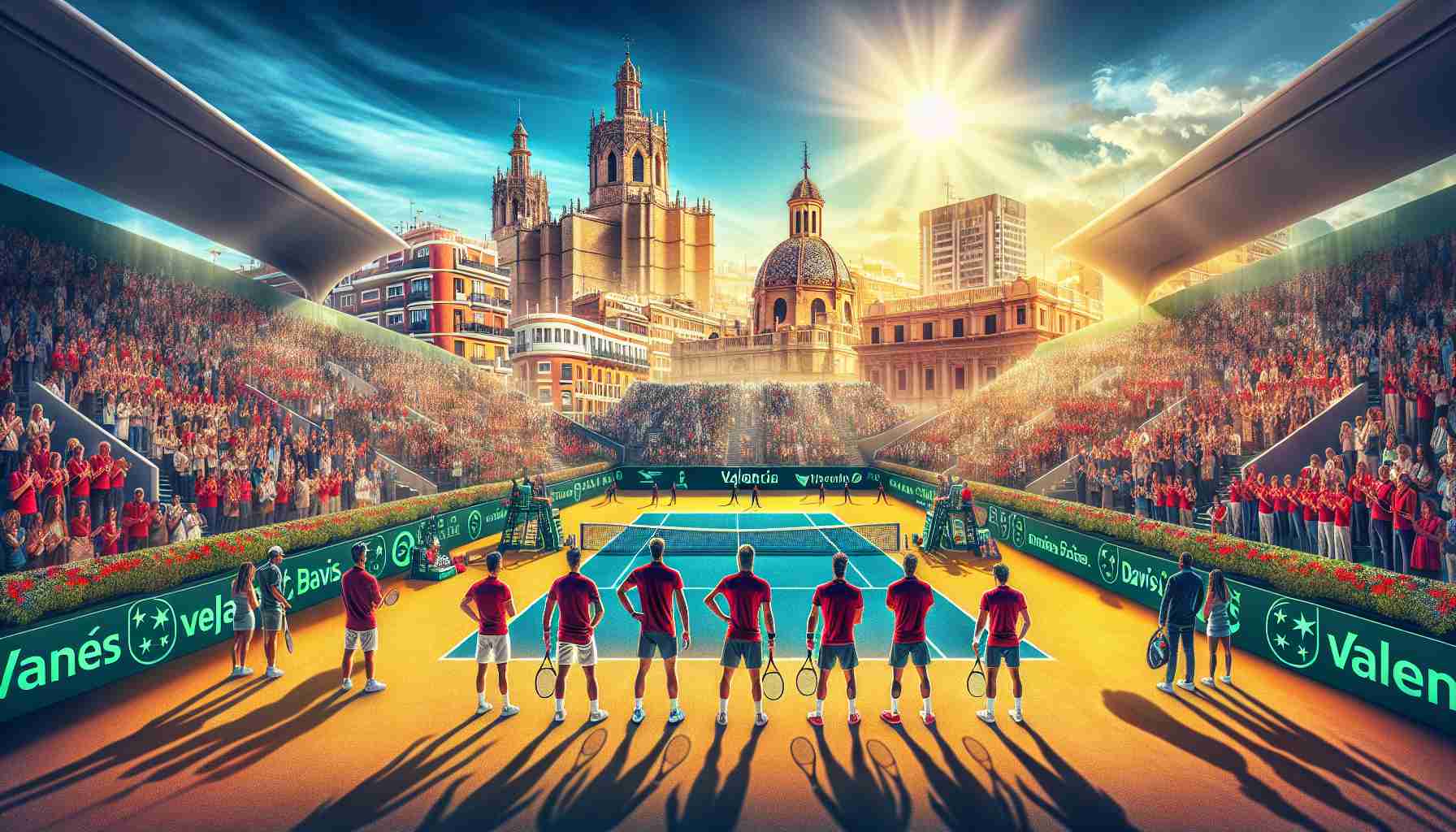 A high-definition photo realistically depicting the start of Spain's journey in the Davis Cup, set in the vibrant city of Valencia. The image should capture the energy and anticipation associated with this thrilling tennis event, including the Spanish team readying themselves to compete. Background should feature the recognizable landmarks of Valencia, such as its unique architecture and sunny skies. Please do not include identifiable individuals in the scene.