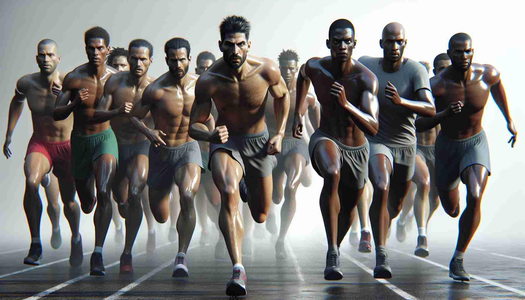 A high-definition, realistic depiction of a group of runners in a race, laser-focused and swiftly closing the gap on the leading competitors. The scene shows determination and intense competition, the sweating faces of the chasers mirroring their resolve. The leaders, a mix of Hispanic and South-Asian descent men and women, display fatigue but persistence, their eyes on the finish line ahead. The chase pack, composed of equal numbers of Caucasian, Black, and Middle-Eastern descent men and women, trails them, showing fearless determination to claim the lead.