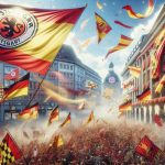 An ultra high-definition realistic image showcasing the symbolic return of a Stuttgart-based sports team to the European competition. This scene captures the buzzing excitement in the city. Flags featuring the team's colors and emblems flutter in the wind. Jubilant crowds gather in the streets, festooned in the team's colors, and the air is filled with anticipation and joy. The backdrop of the image is the city's iconic architecture, bathed in bright day light.