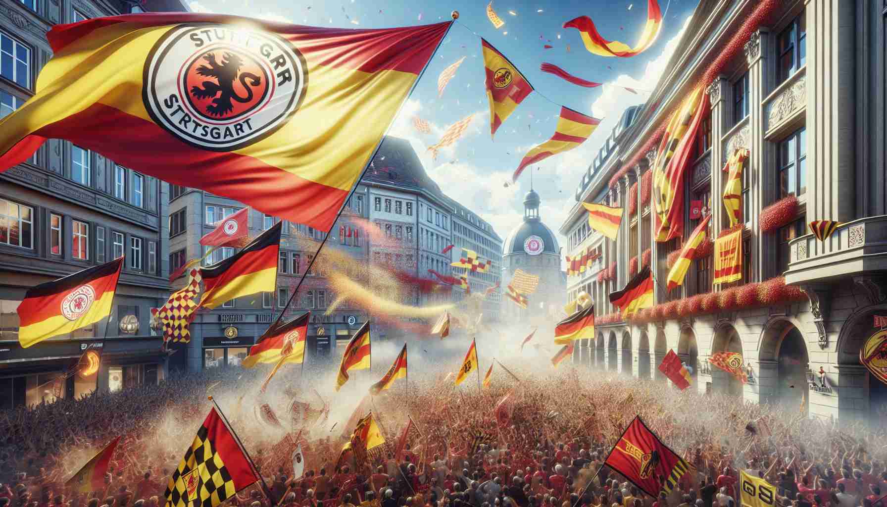 An ultra high-definition realistic image showcasing the symbolic return of a Stuttgart-based sports team to the European competition. This scene captures the buzzing excitement in the city. Flags featuring the team's colors and emblems flutter in the wind. Jubilant crowds gather in the streets, festooned in the team's colors, and the air is filled with anticipation and joy. The backdrop of the image is the city's iconic architecture, bathed in bright day light.