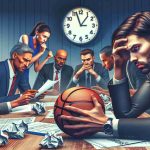 A high-definition, realistic portrayal of increasing worries related to player workload amidst the discussions of a strike. Depict a meeting room filled with team managers and professional basketball players. Focus on a Caucasian male player looking stressed and overworked, and a Hispanic female manager, engrossed in discussions. Add elements suggesting tension such as intense expressions, furrowed brows, crumpled game plans and a clock showing late hours.