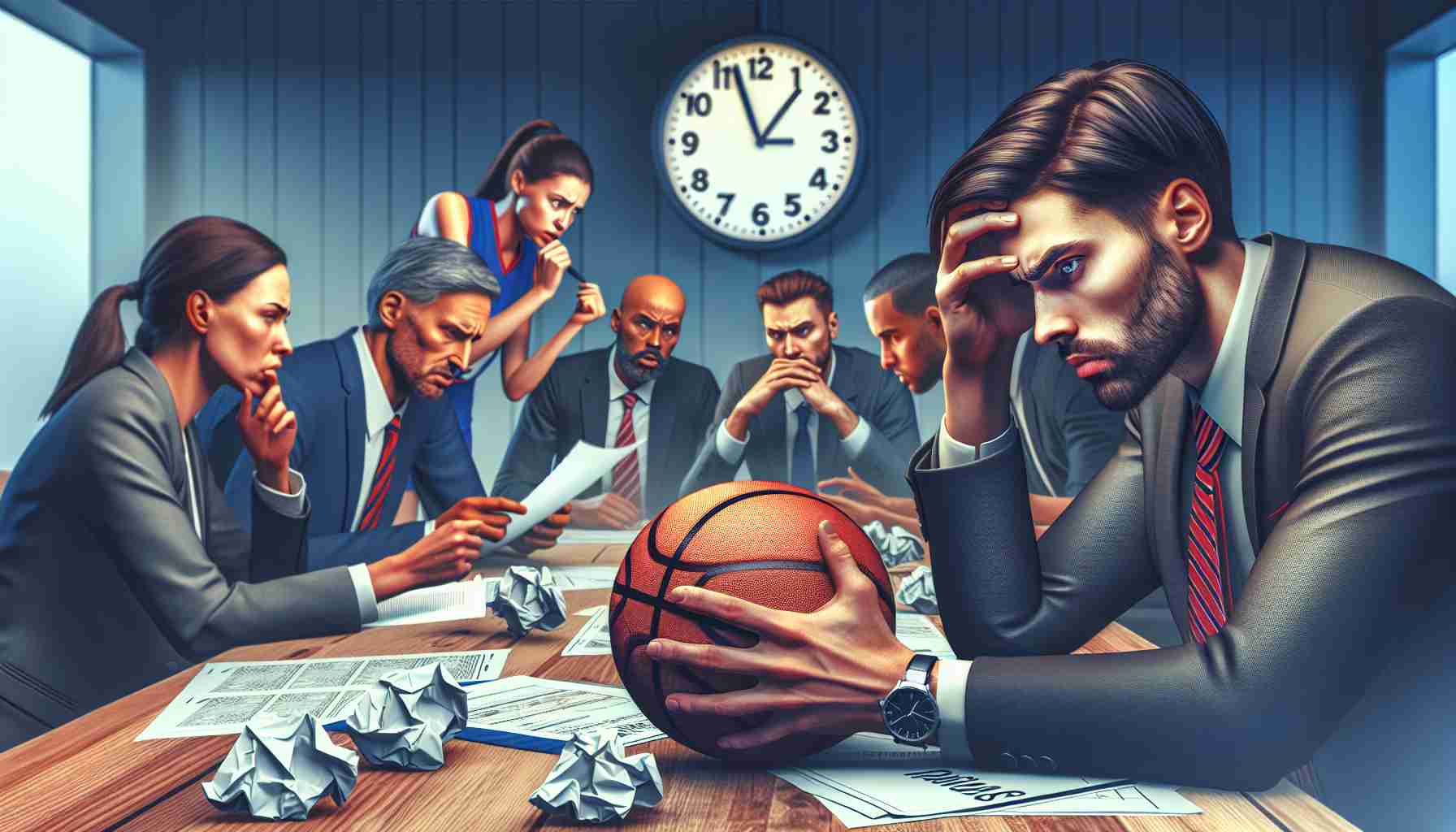 A high-definition, realistic portrayal of increasing worries related to player workload amidst the discussions of a strike. Depict a meeting room filled with team managers and professional basketball players. Focus on a Caucasian male player looking stressed and overworked, and a Hispanic female manager, engrossed in discussions. Add elements suggesting tension such as intense expressions, furrowed brows, crumpled game plans and a clock showing late hours.