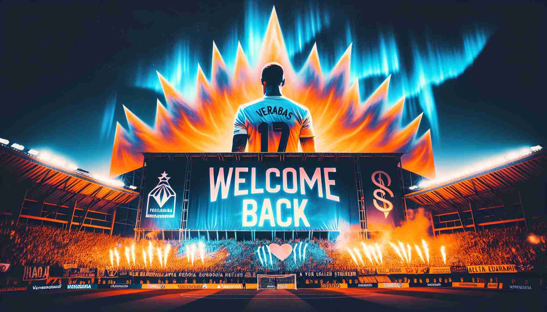 A high-definition photo showcasing a festive welcome back event at a popular football club. A large banner touts the return of a highly skilled striker, captured under the radiant blues and oranges of the Valencia sky. The image subtly hints at certain conditions for this warm homecoming - perhaps signified through cryptic symbols or coded messages subtly embedded in the celebratory decorations