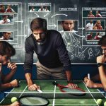 Generate a realistic High Definition photo of a passionate tennis coach, diligently selecting his team members for an upcoming important international tennis match against another skilled team from Czech Republic. The image should portray intense strategic discussions, a chalkboard with potential team arrangements and strategizing, and an overall sense of team spirit and anticipation.