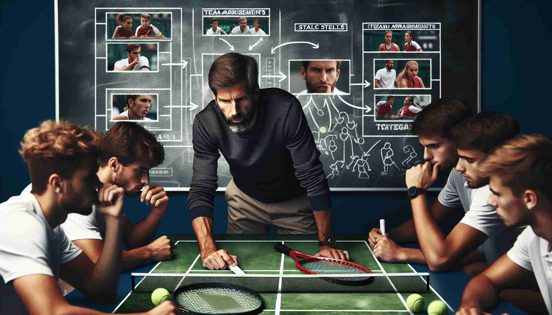 Generate a realistic High Definition photo of a passionate tennis coach, diligently selecting his team members for an upcoming important international tennis match against another skilled team from Czech Republic. The image should portray intense strategic discussions, a chalkboard with potential team arrangements and strategizing, and an overall sense of team spirit and anticipation.