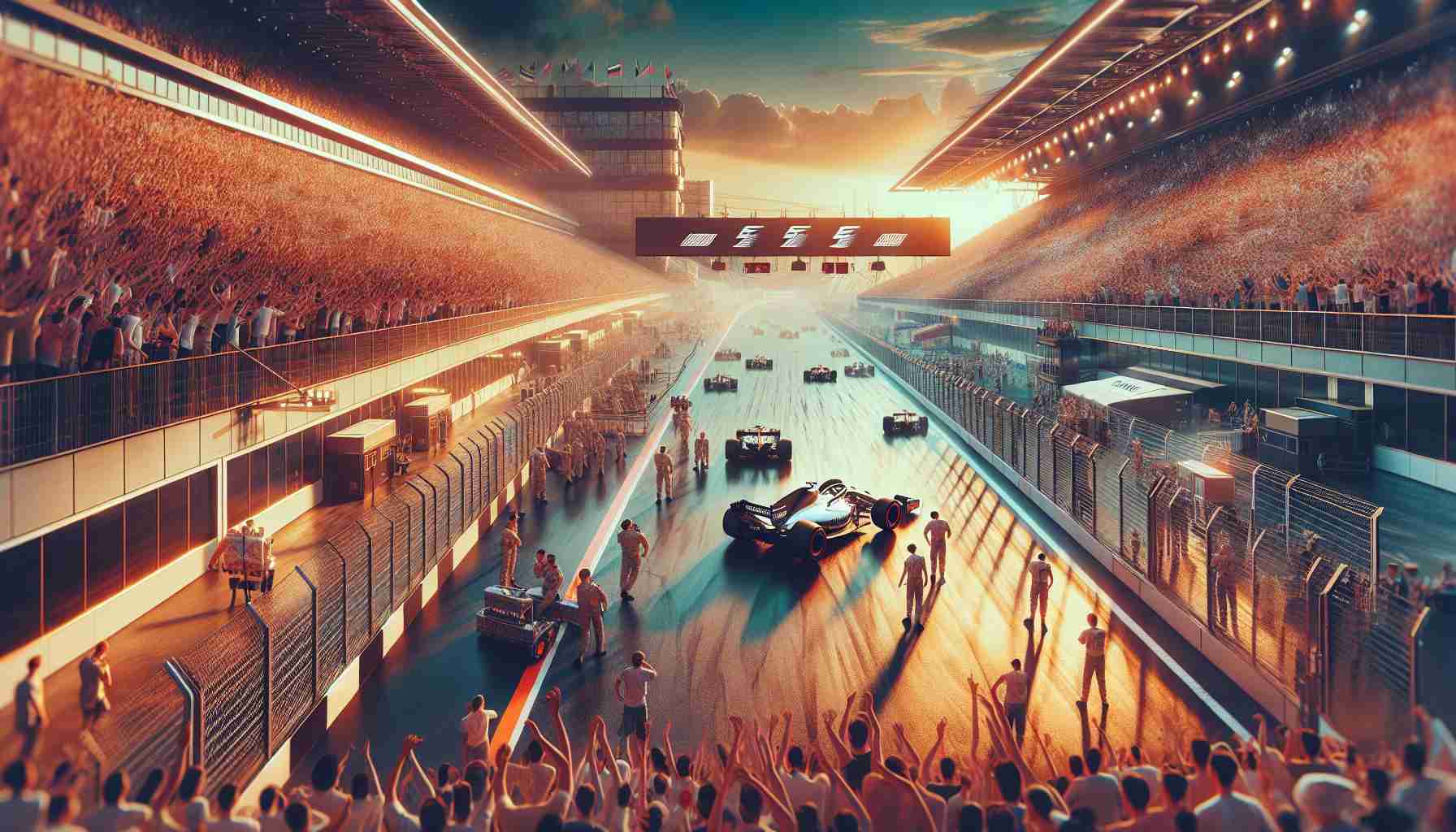 Vivid, high-definition image showing the buzz and excitement building up for a significant car racing event. Capture the atmosphere with spectators gathering, their anticipation palpable. A wide view of the race track should be featured, possibly with racing cars preparing in the background. The location is not specific but should resemble the surroundings of a grand prix race, excluding any explicit association with specific real-world locations.