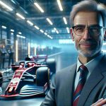 Realistic HD photo of a prominent British engineer joining a renowned British luxury sports car manufacturer in 2025 for Formula 1 car design. The engineer is a middle-aged Caucasian male with thinning hair and glasses, renowned for his expertise in aerodynamics and car design. The ambiance should reflect professional excitement for this new venture.