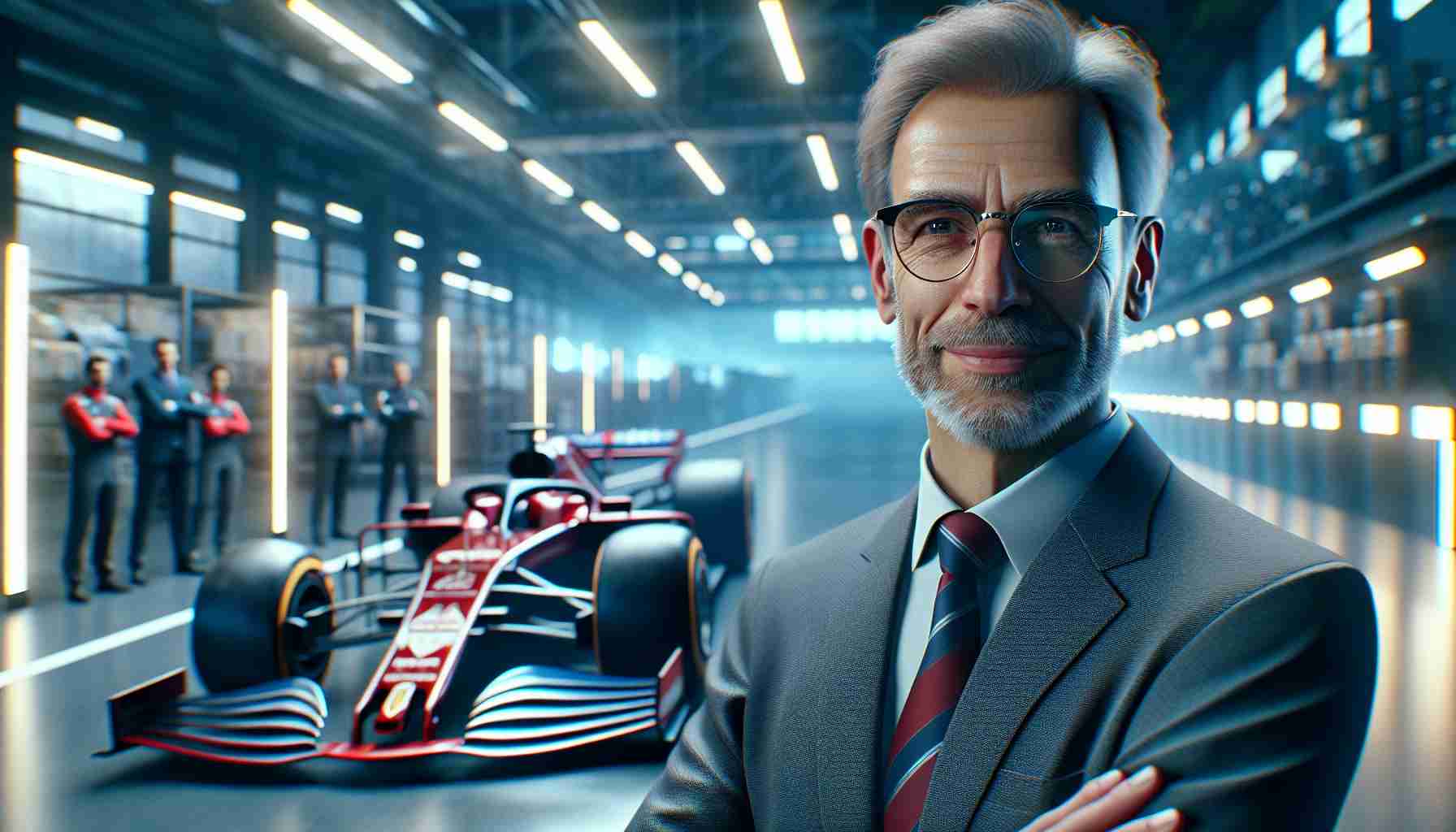 Realistic HD photo of a prominent British engineer joining a renowned British luxury sports car manufacturer in 2025 for Formula 1 car design. The engineer is a middle-aged Caucasian male with thinning hair and glasses, renowned for his expertise in aerodynamics and car design. The ambiance should reflect professional excitement for this new venture.