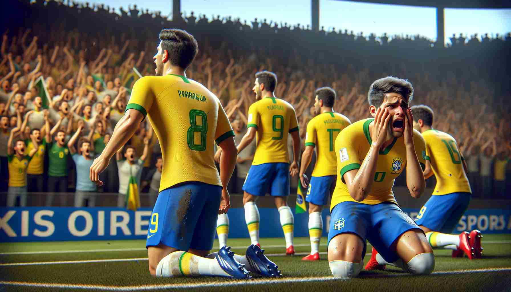 A realistic high definition image representing a scenario of a setback faced by the Brazilian soccer team in an match against Paraguay during the World Cup Qualifiers. Showcase the disappointment in the players' faces, the shock in the crowd, and the intensity of the game. Avoid any specific player or team uniform details.