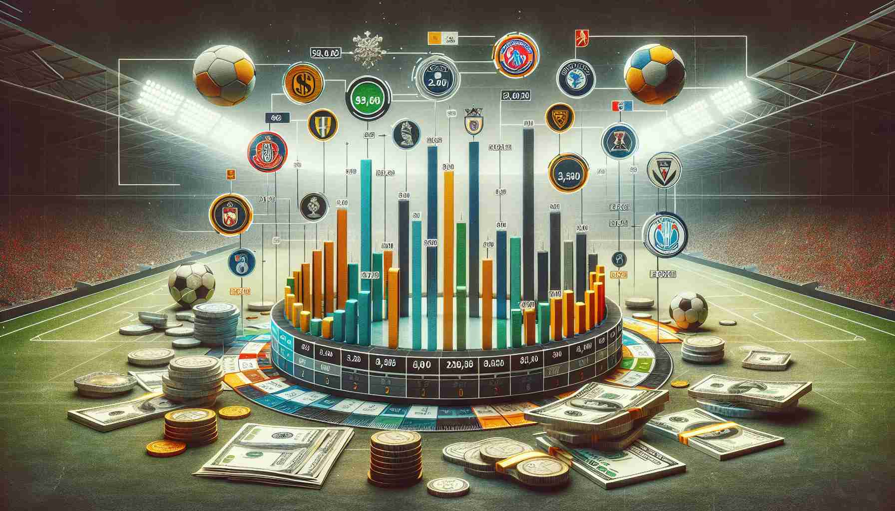 A detailed and realistic HD image depicting the financial framework of a major European professional football league, with a special focus on salary caps. The image features a large chart in the center with varying bars representing different teams and their respective salary caps. The surrounding area is filled with elements related to finance and football such as bills, coins, footballs, and team logos. In the background, a faded stadium symbolizes the arena where games take place.