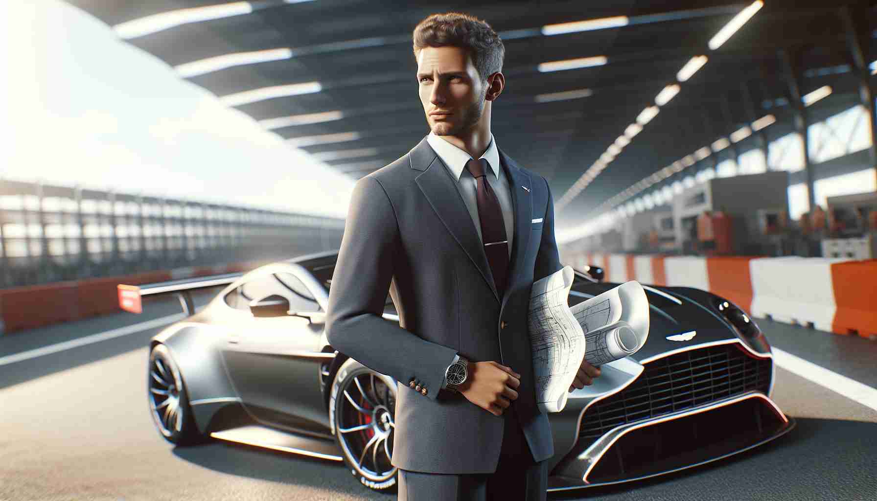 High-definition realistic image of a professional British engineer standing in front of an Aston Martin vehicle, facing new challenges and adventures. The engineer, representative of Adrian Newey, is depicted as a Caucasian man with short hair, dressed in an engineering uniform, holding blueprints in one hand.