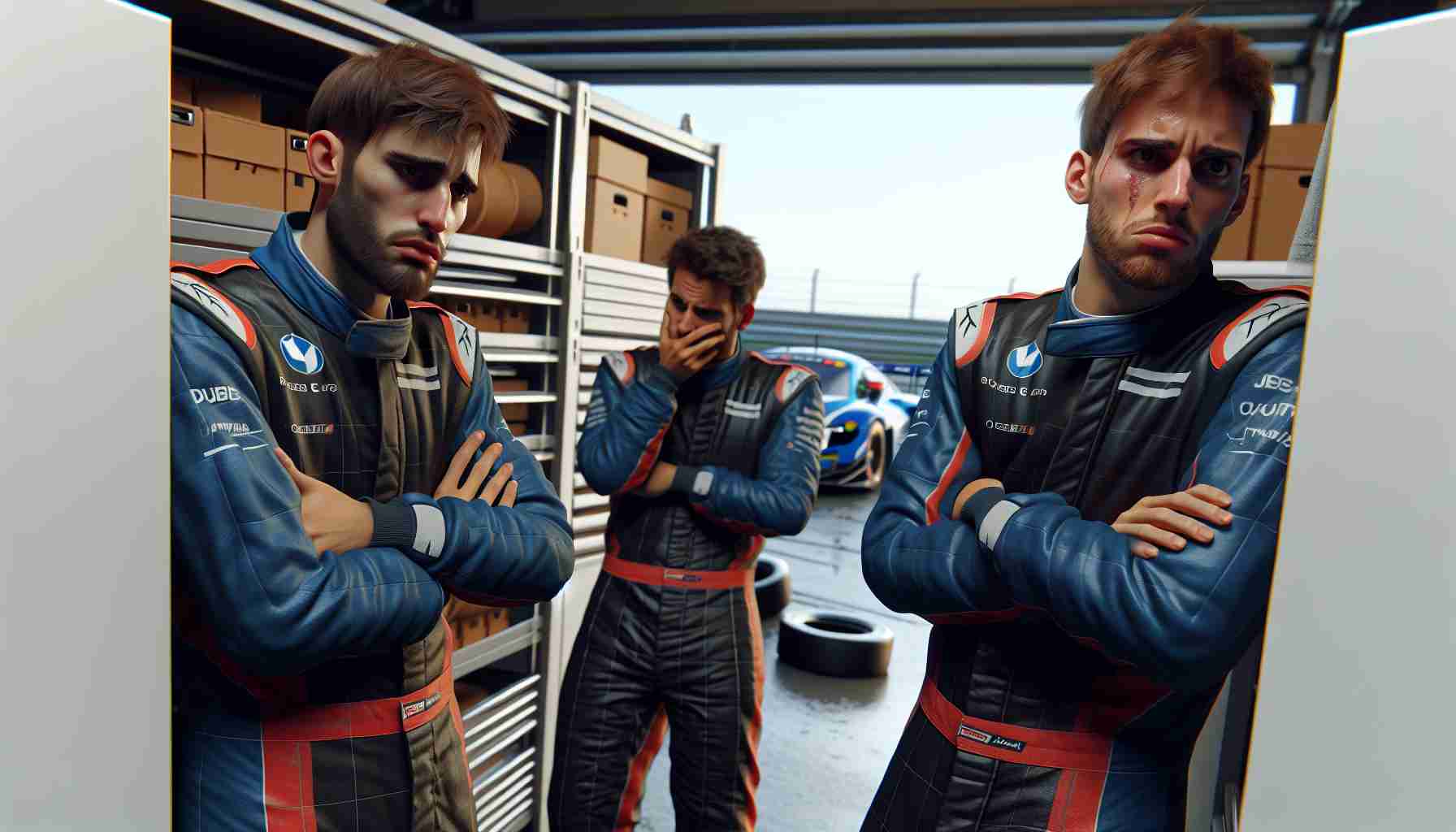 Realistic, high-resolution image showing the scene of a disappointed racing team after their driver's strategy hasn't performed as expected during the race.