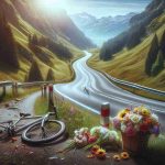 A high-definition photo illustration conveying the tragic aftermath of an accident involving a young cyclist from Switzerland. The scene should evoke a sense of loss and mourning, including a small, abandoned bicycle at the side of a winding mountain road, flowers left at the site, and the stunning Swiss landscape in the background.