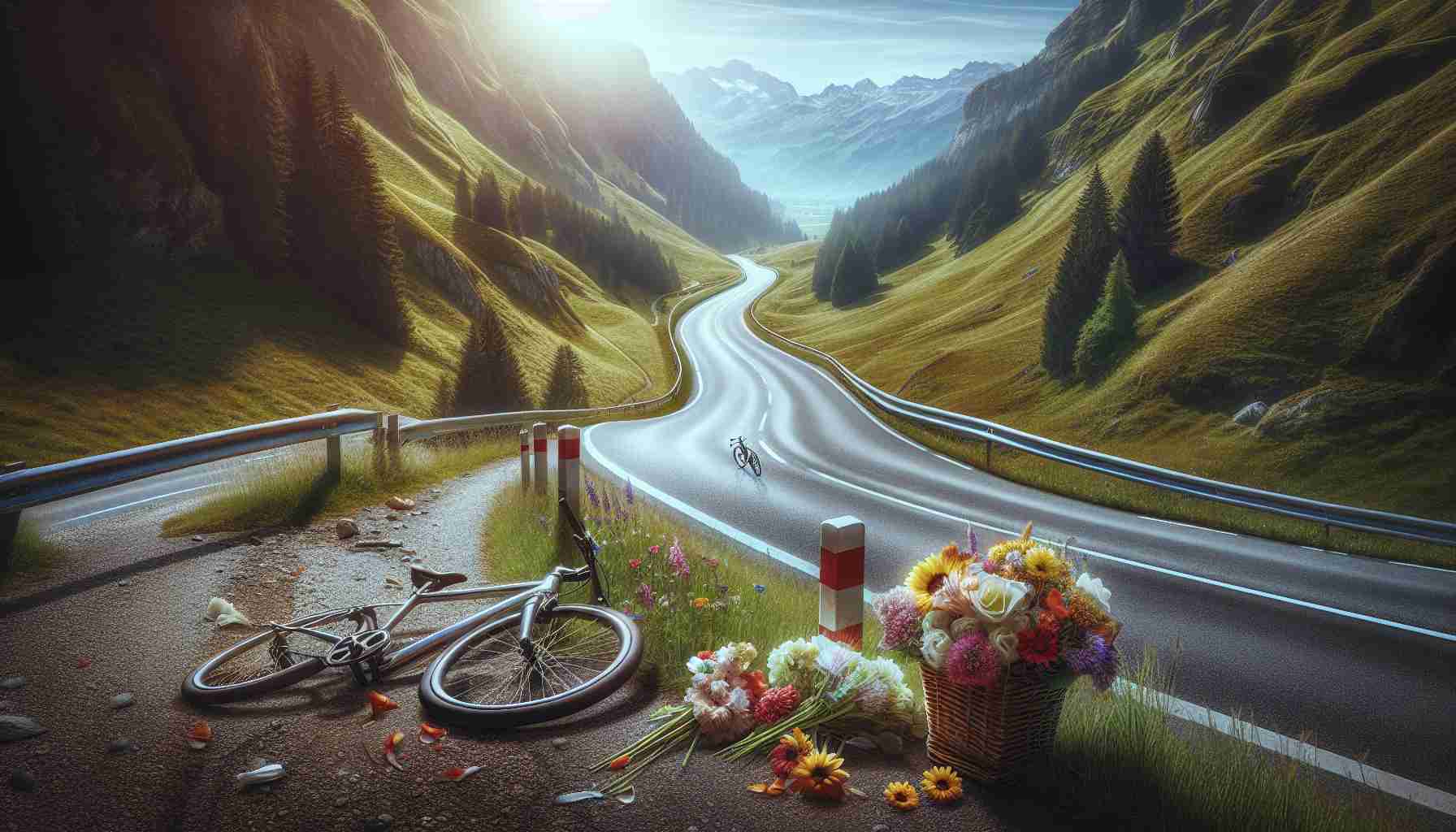 A high-definition photo illustration conveying the tragic aftermath of an accident involving a young cyclist from Switzerland. The scene should evoke a sense of loss and mourning, including a small, abandoned bicycle at the side of a winding mountain road, flowers left at the site, and the stunning Swiss landscape in the background.