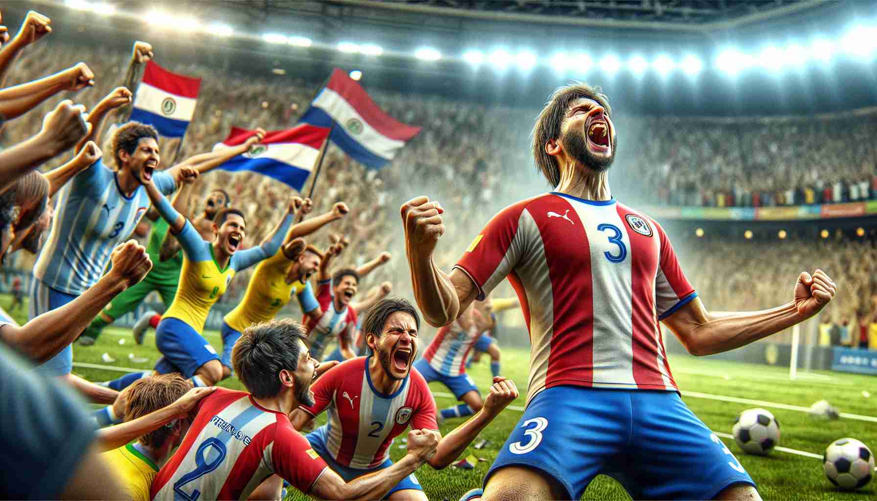 An HD image showcasing a theoretical soccer match victory. The picture captures the moment of jubilation as the Paraguayan national soccer team secures a surprise win over the Brazilian team in the World Cup qualifiers. The scene is filled with joy and elation, both from the players and the spectators in the background. The details of the scene, from the expressions on the player's faces, their uniforms, to the stadium environment in the background, should look realistic.