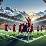 Create a realistic, high-definition image depicting a significant victory moment in a soccer match taking place in Switzerland. The scene should showcase the team representing Spain, cheering and celebrating their win. The stadium around them should be filled with excited fans, while the beautiful backdrop of Swiss mountains further accentuates the moment.