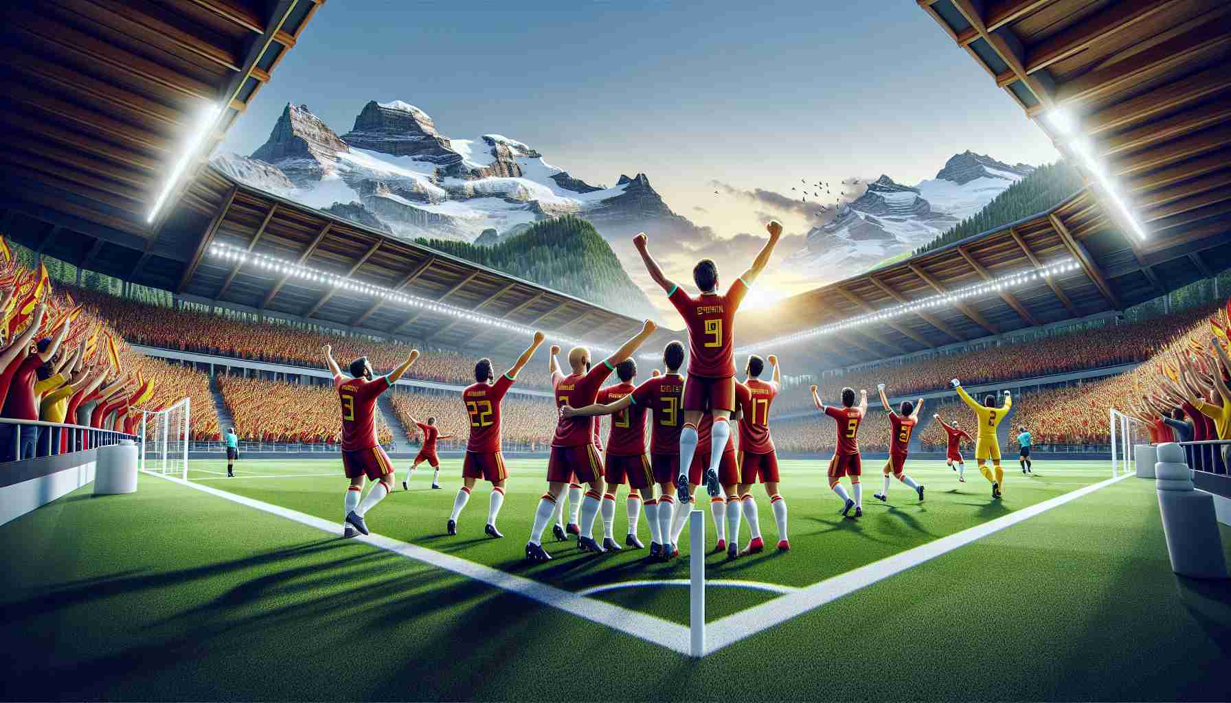 Create a realistic, high-definition image depicting a significant victory moment in a soccer match taking place in Switzerland. The scene should showcase the team representing Spain, cheering and celebrating their win. The stadium around them should be filled with excited fans, while the beautiful backdrop of Swiss mountains further accentuates the moment.