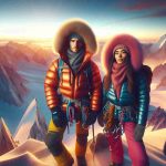 A hyperrealistic, high-definition portrayal of two adventurous individuals of varying descents, one South Asian male and one Hispanic female, bundled up in warm, brightly colored climbing gear. They stand at a breathtaking viewpoint on a snowy mountain peak. The sun is just beginning to set, casting long, frosty shadows over the rugged mountain range, and the sky is streaked with hues of pink, orange, and purple. They have a sense of accomplishment, satisfaction, and awe in their eyes as they gaze upon the endless expanse of gleaming snow and sky.