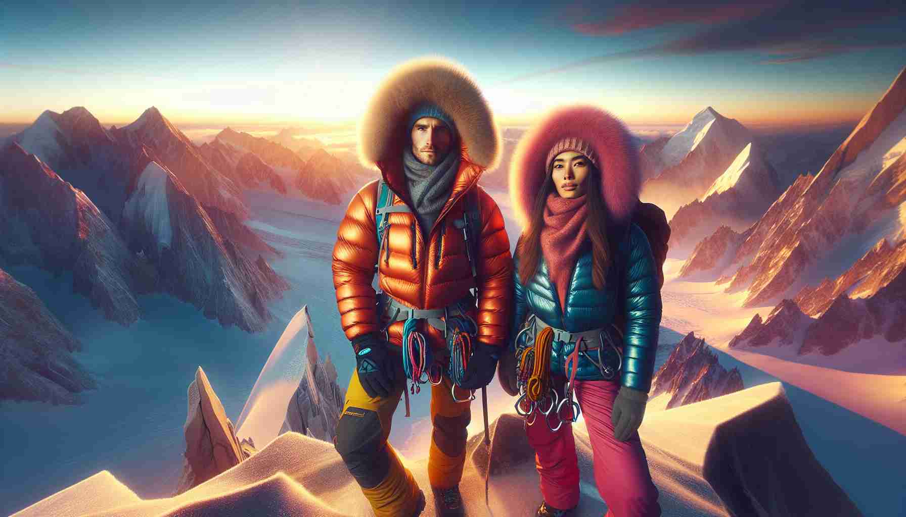 A hyperrealistic, high-definition portrayal of two adventurous individuals of varying descents, one South Asian male and one Hispanic female, bundled up in warm, brightly colored climbing gear. They stand at a breathtaking viewpoint on a snowy mountain peak. The sun is just beginning to set, casting long, frosty shadows over the rugged mountain range, and the sky is streaked with hues of pink, orange, and purple. They have a sense of accomplishment, satisfaction, and awe in their eyes as they gaze upon the endless expanse of gleaming snow and sky.