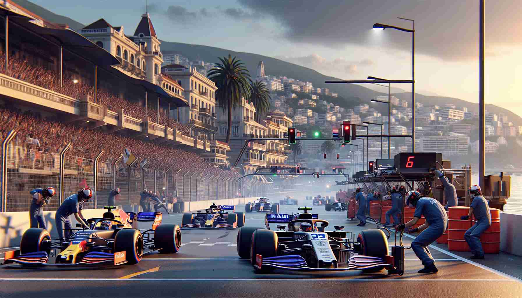 Render a high-definition, realistic image capturing the intense highlights of a free practice session of a Grand Prix in a coastal city, with high-profile racing cars thundering down the track, drivers carefully manipulating their machines, and pit crews working diligently. The environment should capture the unique elements of the coastal city, with the backdrop offering a glimpse of its rich architecture and beautiful seashore.