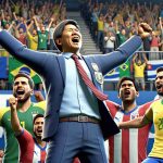 Detailed, high-definition image capturing the joyful celebration of a football coach, who hails from South America, specifically Paraguay, rejoicing after an exciting win against another South American team, specifically Brazil. He is surrounded by his team players, showcasing their collective happiness. The coach, an Asian man in his 40s, is seen raising his arms in triumph, his face lit up with joy. He is wearing the team's colors and emblem. The spectators in the background, a mix of different genders and descents, are cheering and clapping, every face reflecting the thrill of victory. There is a huge scoreboard in the background showing the final score.