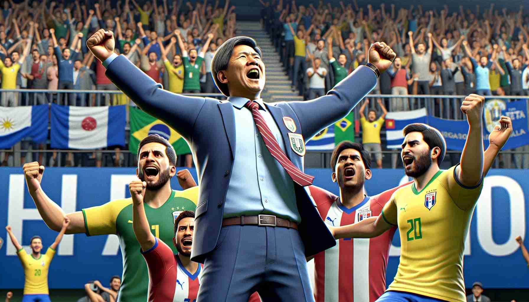 Detailed, high-definition image capturing the joyful celebration of a football coach, who hails from South America, specifically Paraguay, rejoicing after an exciting win against another South American team, specifically Brazil. He is surrounded by his team players, showcasing their collective happiness. The coach, an Asian man in his 40s, is seen raising his arms in triumph, his face lit up with joy. He is wearing the team's colors and emblem. The spectators in the background, a mix of different genders and descents, are cheering and clapping, every face reflecting the thrill of victory. There is a huge scoreboard in the background showing the final score.