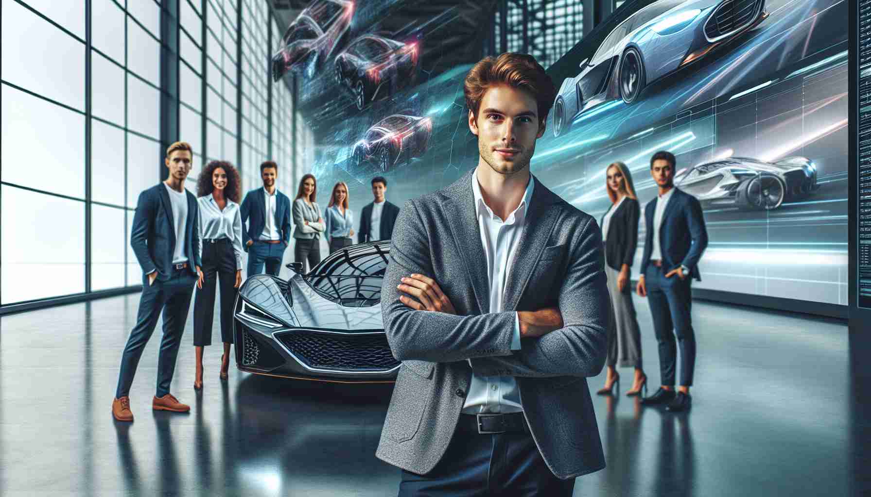 An HD photo of a premiere automotive designer joining the management team of a renowned British luxury sports car manufacturer for the year 2025. The designer is a male of Caucasian descent, known for his innovative techniques in his field. He appears comfortable and confident in his new role, standing among a dynamic team of diverse individuals representing various genders and descents within a modern and innovative office setting that's befitting of a luxury car manufacturer.