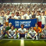 Highly realistic, high-definition visual showcasing a diverse group of Hispanic teenagers in soccer uniform posing for a photo on a football field, holding a large banner that reads 'Euro Championship Spot Secured'. An atmosphere of unity, joy, and team spirit is palpable as they celebrate their victory together.