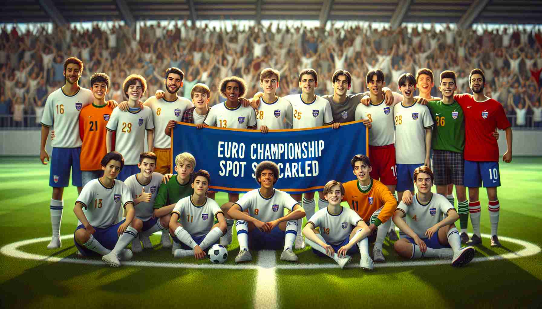 Highly realistic, high-definition visual showcasing a diverse group of Hispanic teenagers in soccer uniform posing for a photo on a football field, holding a large banner that reads 'Euro Championship Spot Secured'. An atmosphere of unity, joy, and team spirit is palpable as they celebrate their victory together.