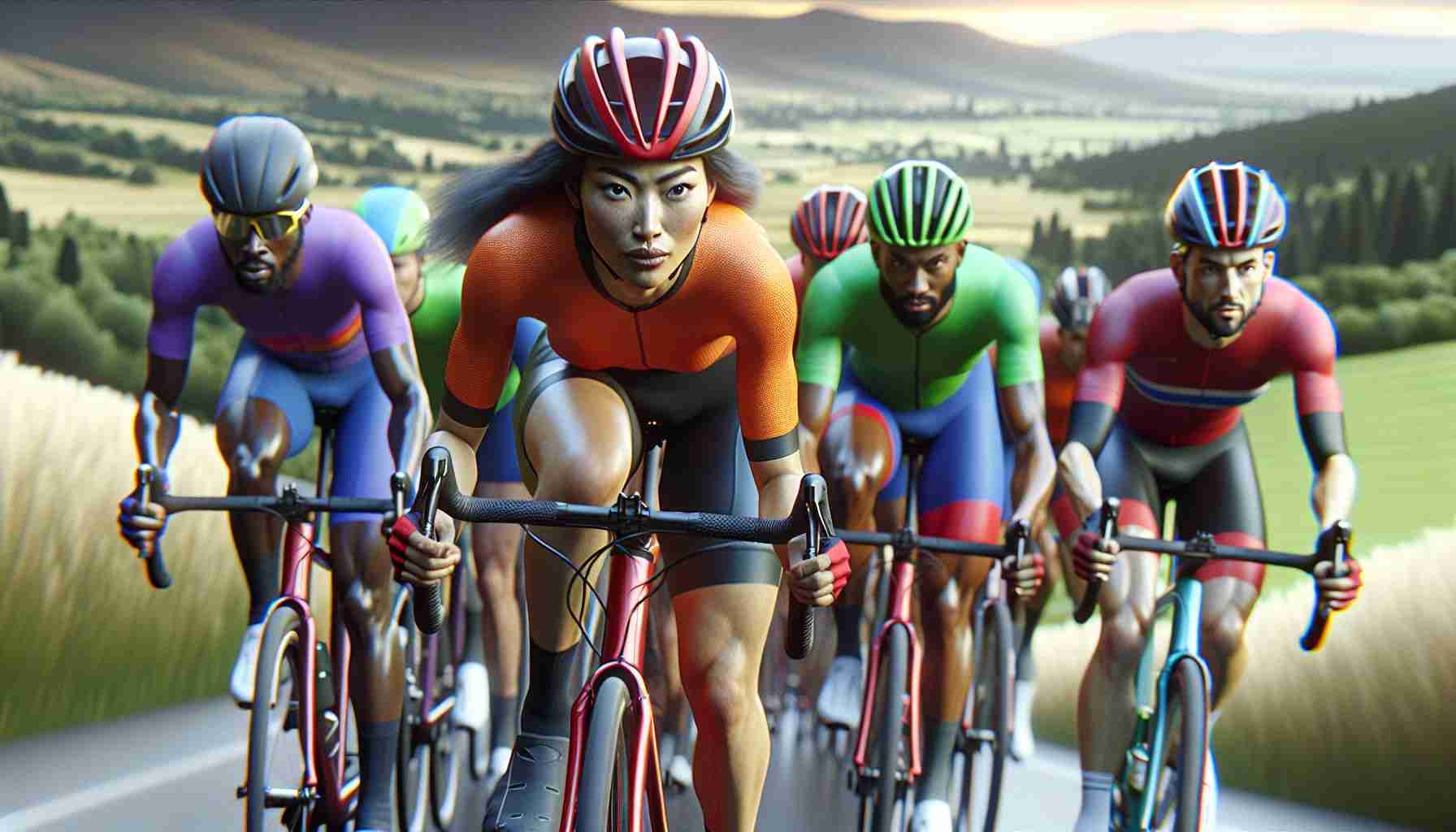 High-definition, realistic image of an exciting scene in the cycling world: A new breakaway is happening. Picturize a diverse group of cyclists, with a South Asian woman in the lead. She is pushing hard, her expression focused and determined. The race is taking place in a scenic landscape, with mountains in the background. The other cyclists are trailing behind her, each striving to get ahead. They represent all descents and genders: a Caucasian man, a Middle-Eastern woman, a Black man, and a Hispanic woman. All are dressed in vibrant cycling gear, their bike's wheels spinning swiftly on the pavement.