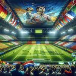 Generate a highly detailed and realistic image depicting an intense moment ahead of the World Cup qualifiers in South America. The scene takes place in a grand football stadium with a match about to start. Fans can be seen in the foreground with their faces painted with the colors of different South American nations, displaying their boundless enthusiasm and spirit. The aura should radiate anticipation, excitement, and healthy competition. Make sure to include the lush green field, the players warming up, and the vibrant, colorful banners of participating countries waving in the spectators' hands.