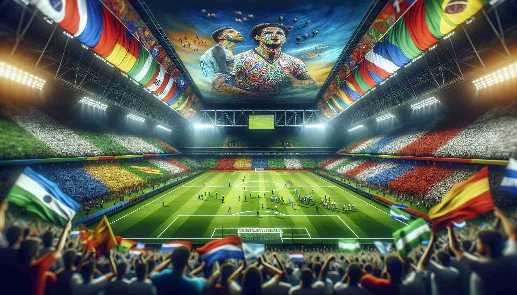 Generate a highly detailed and realistic image depicting an intense moment ahead of the World Cup qualifiers in South America. The scene takes place in a grand football stadium with a match about to start. Fans can be seen in the foreground with their faces painted with the colors of different South American nations, displaying their boundless enthusiasm and spirit. The aura should radiate anticipation, excitement, and healthy competition. Make sure to include the lush green field, the players warming up, and the vibrant, colorful banners of participating countries waving in the spectators' hands.