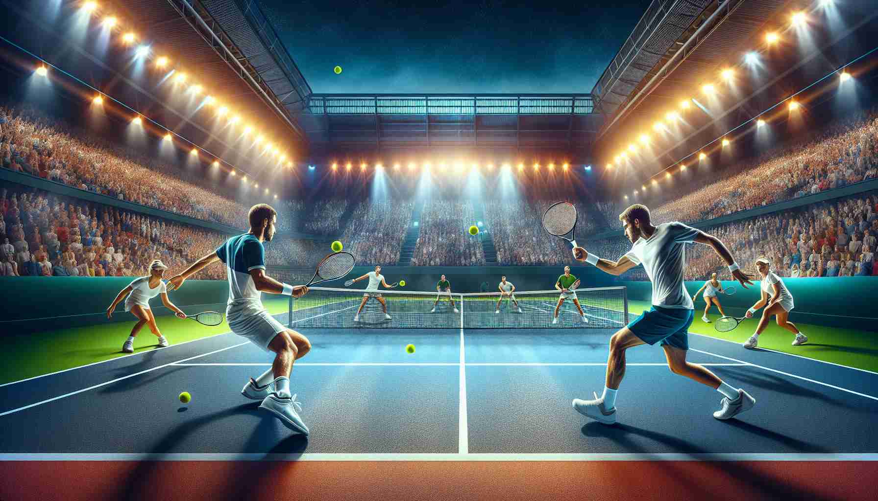 Vibrant and true-to-life High-definition photograph of two competitive tennis teams, each comprising of players from diverse descents and genders, engaging in a thrilling, high-energy tennis match. The scene portrays an energetic exchange on the court as both teams demonstrate exceptional prowess and skill in the sport. The outcome, however, is an exhilarating draw that demonstrates the balanced strength and skill of both teams. The court is professionally lit, the audience in the stands are invested and excited, and the natural tension in the air is palpable.