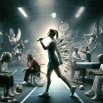 A high-definition image portraying the journey towards recovery of a renowned female badminton player who is Caucasian. The image should display a series of events, starting with a state of disappointment or loss, followed by rigorous training, therapy sessions, and the eventual triumph over adversity. The player's emotions and the atmosphere around her should illustrate her determination, resilience, and unwavering spirit.